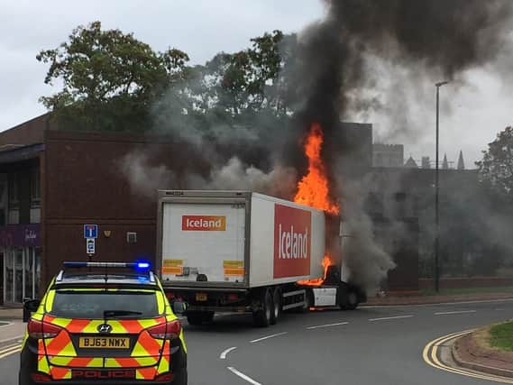 The lorry on fire. Photo: Pep Cipriano