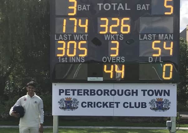 Sohail Hayat celebrates his innings of 174 not out for Peterborough Town seconds.