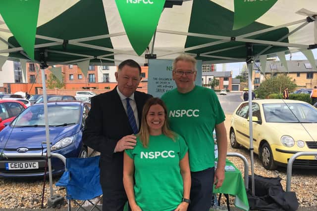 Peterborough United Chief Executive Bob Symns and Chris Collier from the NSPCC Peterborough Business Support group with Sarah Lambley, NSPCC Community Fundraising Manager for Peterborough.