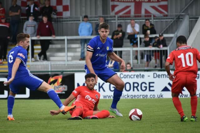 Action from today's big FA Cup local derby between Stamford and Peterborough Sports. Picture: James Richardson.