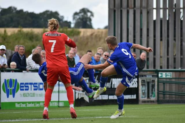 More action from today's big FA Cup local derby between Stamford and Peterborough Sports. Picture: James Richardson.