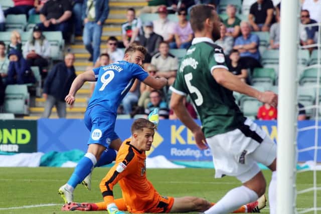 Matt Godden of Peterborough United scores his second goal of the game to make it 5-1. Picture: Joe Dent
