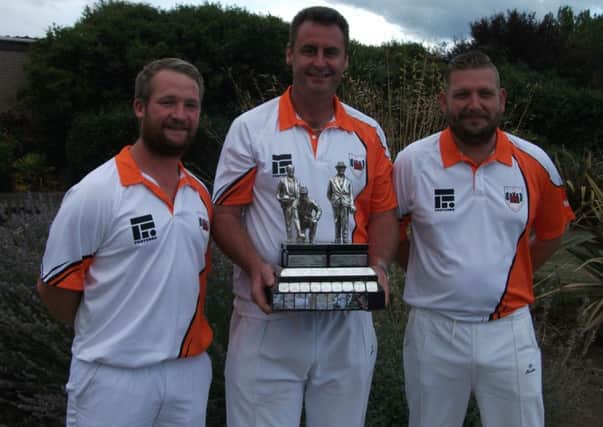 Two-bowl triples champions from Parkway  Tristan Morton, Paul Dalliday and Simon Law.