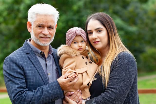 Peterborough Cars Cheque Presentation, Pictured Shabir Ahmed (Grandad and Manager Peterborough Cars), Hawwa Amel Hussain (1), Mum Aaliya Ahed Hussain. Dragon Fly Hotel, Peterborough 29/08/2018.  Picture by Terry Harris / Peterborough Telegraph. THA