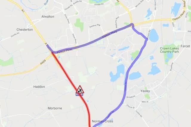 The closure (in red) and diversion route (in purple)