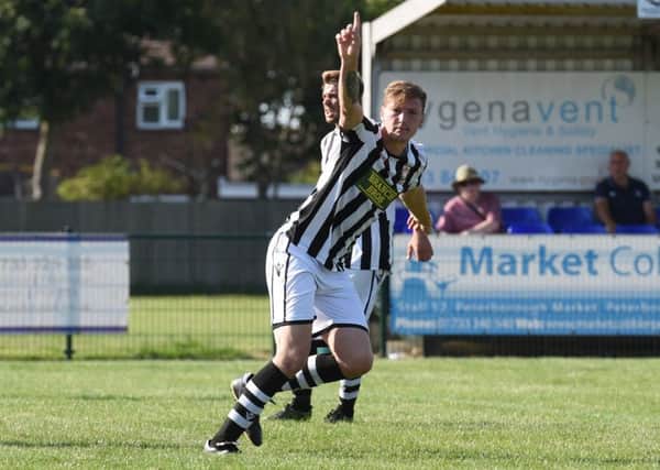 Liam Rodden celebrates his goal for Peterborough Northern Star against Fakenham. Photo: Chantelle McDonald. @cmcdphotos.