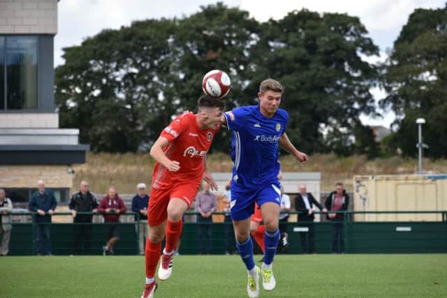 Action from the first tie between Stamford AFC and Peterborough Sports. Photo: James Richardson.
