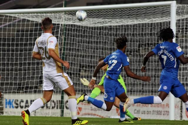 Ivan Goney (17) goes close to scoring for Posh at MK Dons. Photo: Joe Dent/theposh.com.