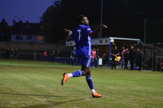 Avelino Vieira celebrates his third goal for Peterborough Sports against Stamford AFC. Photo: James Richardson.