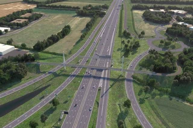 An artist's impression of the new A14 at Swavesey, including a dedicated bridge for pedestrians, cyclists and equestrians