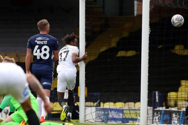 Ivan Toney converts the winning goal for Posh at Southend. Photo: Joe Dent/theposh.com.