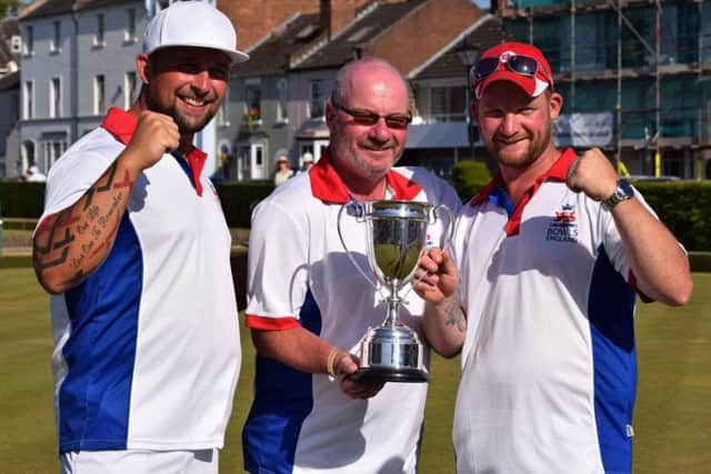 Morton brothers Ean (left) and Tristan (right), pictured celebrating their British triples win with Mike Robertson, have been invited to attend England  senior trials.