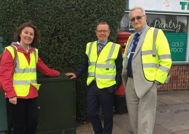 Councillor Holdich with Andy Starnes, Head of City Development at CityFibre and  Rebecca Stephens, City Development Manager for CityFibre pictured in Dogsthorpe Road