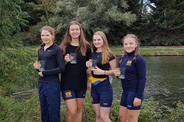 Womens J18 coxless quad winners Hannah Bassett, Olivia Hutchinson, Georgina Parker and Jenna Taylor.