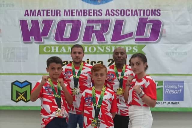 The TASK members at the World ISKA Championships. From the left they are Braydon Popat-Evans, Grant Brown, Taylor Popat-Evans, Rob Taylor and Jazmyn Popat-Evans.
