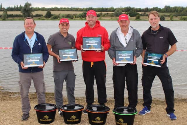 Peterborough&DAA/RingerBaits prizewinners at Ferry Meadows were from the left Nigel Briggs(4th), Dave Martin (2nd), Phil Ringer (winner), Graham Page (3rd) and Nick Cowap (5th).