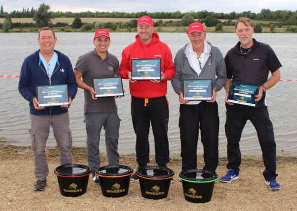 Peterborough&DAA/RingerBaits prizewinners at Ferry Meadows were from the left Nigel Briggs(4th), Dave Martin (2nd), Phil Ringer (winner), Graham Page (3rd) and Nick Cowap (5th).