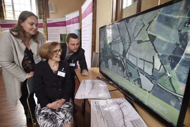 Highways England  consultation for the A47 dual carriageway route between Wansford and Sutton - at Peterborough Town Hall.  Julie Crawford (regional delivery director), Claudia Wegener (snr project manager) and Aaron Douglas (project manager) EMN-180918-124910009