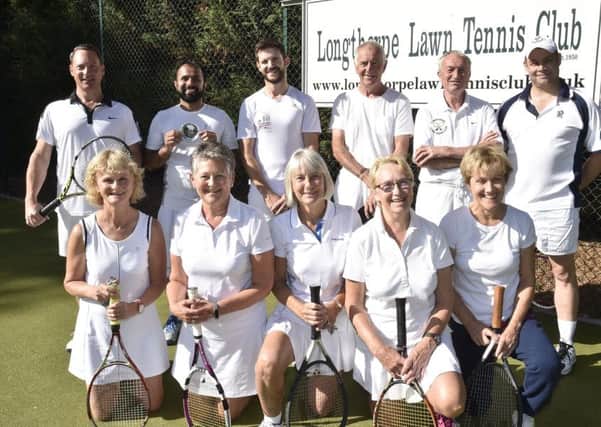 Some of the finalists from Longthorpe Tennis Club Finals weekend, back row, left to right, Keith Madeiros, Mo Malkera, James Wheble, Roy Purves, Bob Wilkinson, Scott Murray, front, Caroline Worth, Jill Buxton, Angie Axe, Liz Norfolk and Ruth Swann.