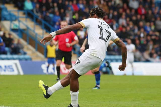 Ivan Toney scores for Posh at Gillingham. Photo: Joe Dent/theposh.com.