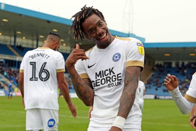 Ivan Toney celebrates his goal for Posh at Gillingham. Photo: Joe Dent/theposh.com.