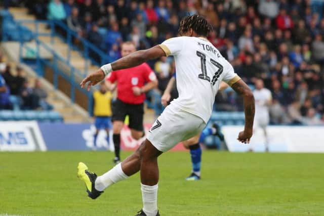 Ivan Toney scores for Posh at Gillingham.
