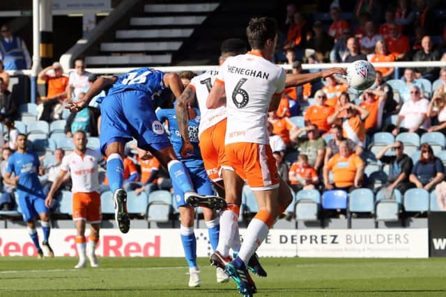 Rhys Bennett opens the scoring for Posh against Blackpool.  Photo: Joe Dent/theposh.com.