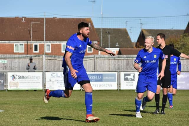 Paul Malone celebrates a goal for Peterborough Sports against Sutton Coldfield. Photo: James Richardson.