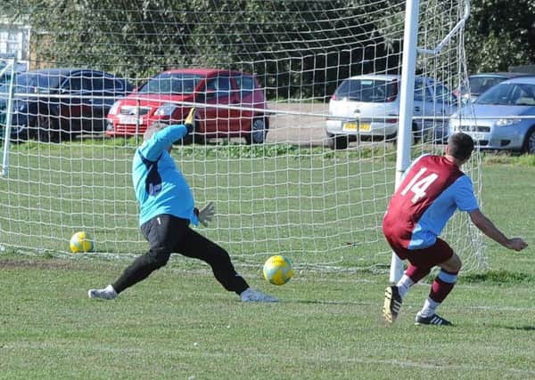 Thorpe Wood Rangers score in their Peterborough Division Three defeat at NECI. Photo: David Lowndes.