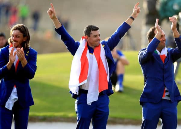 Rory McIlroy celebrates victory in the RYder Cup.