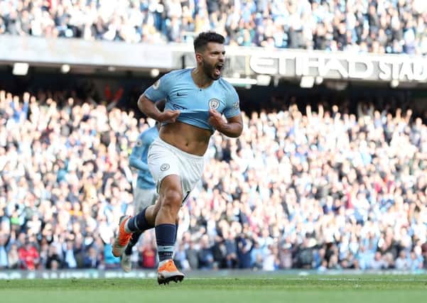Sergio Aguero celebrates a goal for Manchester City against Brighton at the weekend.