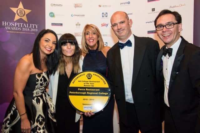 Pictured: Francesca DeFalco (restaurant supervisor),  Claudia Winkleman, Cheryl Hopkins (faculty manager - service industries, PRC), Andy Doyle (People 1st) Simon Numphud AA Hotel Services).