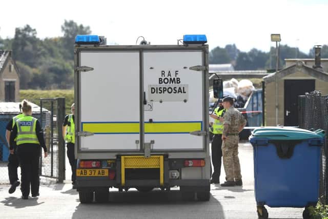 An RAF Bomb Disposal team at Le Maitre pyrotchenics in Peterborough, where a man suffered severe burns after an explosion. PRESS ASSOCIATION Photo. Picture date: Tuesday October 2, 2018. See PA story POLICE Fireworks. Photo credit should read: Joe Giddens/PA Wire POLICE_Fireworks_152047.JPG