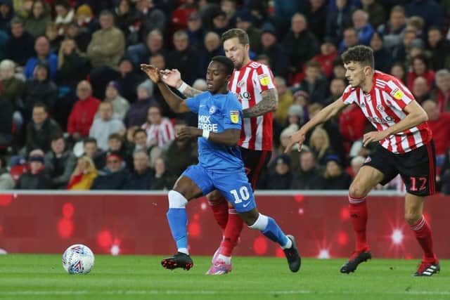 Posh attacker Siriki Dembele runs at the Sunderland defence.  Photo: Joe Dent/theposh.com.