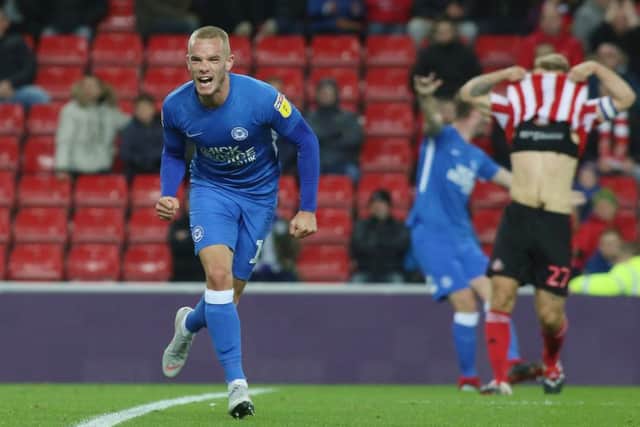 Joe Ward celebrates the first Posh goal of his career at Sunderland.  Photo: Joe Dent/theposh.com.