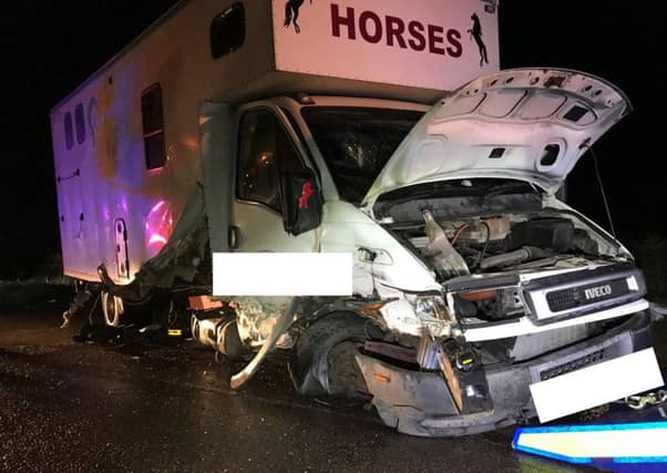 The damage to the horse box from the collision. Photo: Cambridgeshire police