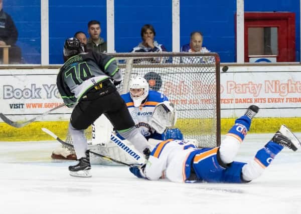 Phantoms Jordan Marr and Will Weldon stop an attack by Hull's Lee Bonner. Picture: Tom Scott