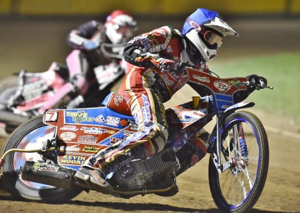 Action from heat two with Simon Lambert leading the way for Panthers against Scunthorpe. Photo: David Lowndes.