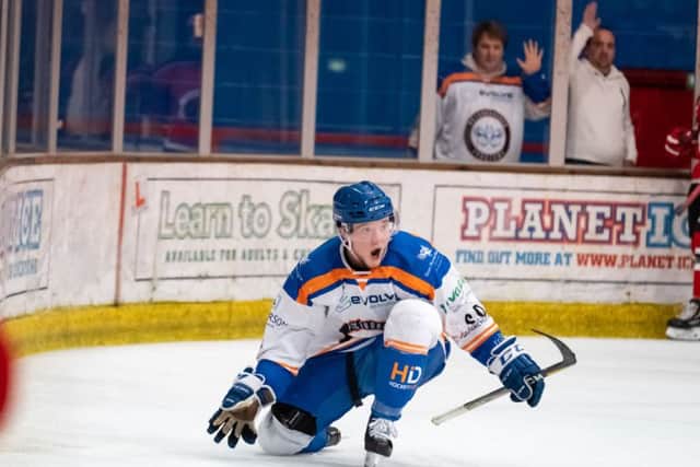 Glen Billing celebrates his winning goal for Phantoms over Streatham. Photo: Â©2018 Tom Scott. All rights reserved.