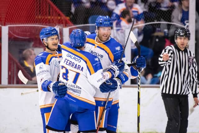 Phantoms players celebrate a Petr Stepanek goal in their win over Streatham. Photo: Â©2018 Tom Scott. All rights reserved.