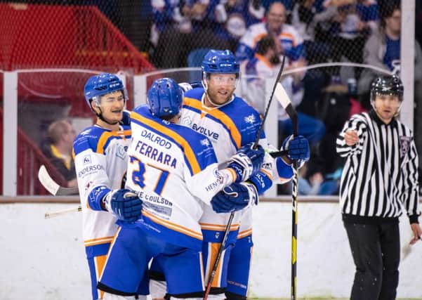 Phantoms players celebrate a Petr Stepanek goal in their win over Streatham. Photo: Â©2018 Tom Scott. All rights reserved.
