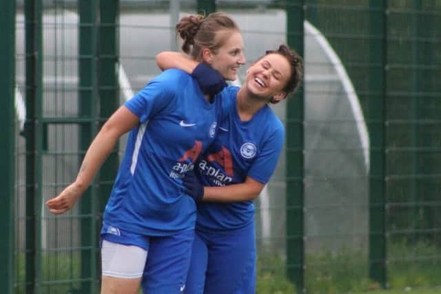 Stacey McConville and Donna McGuigan celebrate a Posh goal. Picture: Gary Reed