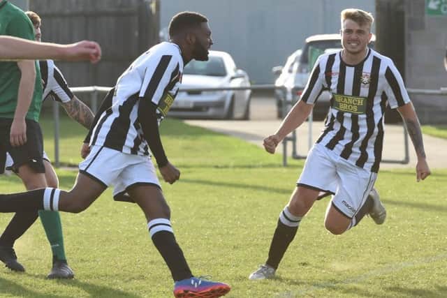 Jermaine Wilson (left) celebrates his goal for Peterborough Northern Star at Sleaford in Saturday's FA Vase draw. Photo: Chantelle McDonald. @cmcdphotos.
