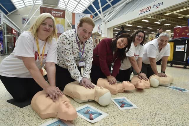 Restart a Heart Day at Serpentine Green shopping centre. Libby Rolfe, Edward Smith, Kerry Cooper, Gemma Saunders and Stephen Smith at thge joint Gemma's Hearts and Elasto Class event EMN-181016-194504009