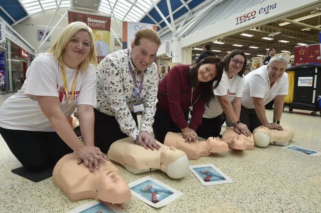 Restart a Heart Day at Serpentine Green shopping centre.  Libby Rolfe, Edward Smith, Kerry Cooper, Gemma Saunders and Stephen Smith at thge joint  Gemma's Hearts and Elasto Class event EMN-181016-194504009