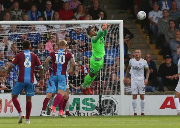 Goalkeeper Aaron Chapman in action for Posh at Scunthorpe. Photo: Joe Dent/theposh.com