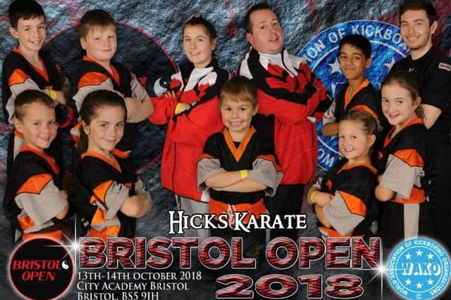 The Hicks Karate School squad at the Bristol Open. From the left are, back, Aaron Leonard, Warren Bothamley, Atlanta Hickman, Sensei Andrew Hicks, Shiv Panchal, Aaron Dickerson, front, Oliver Profitt, Sophie Doyle, Joshua Leonard, Sophie Hicks and  Lucy Hicks. Picture: IMFAMOUS PHOTOGRAPHY