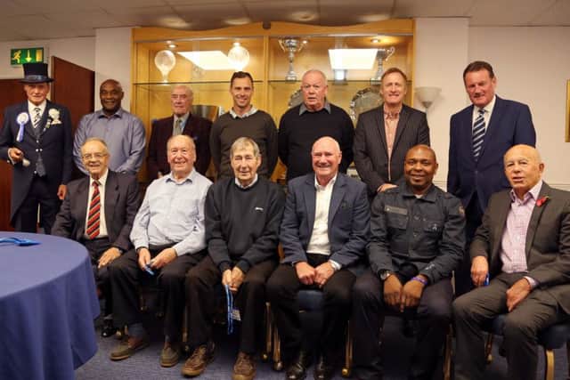 Posh hall of fame members at last night's launch, back row, left to right, Mick Mr Posh Jones, Noel Luke, Jim Walker, Dave Farrell, John Cozens, Tony Adcock, Mick Jones. Front row left to right: Ray Smith, Roy Banham, Peter McNamee, Jeff Lee, Trevor Quow, Peter Deakin