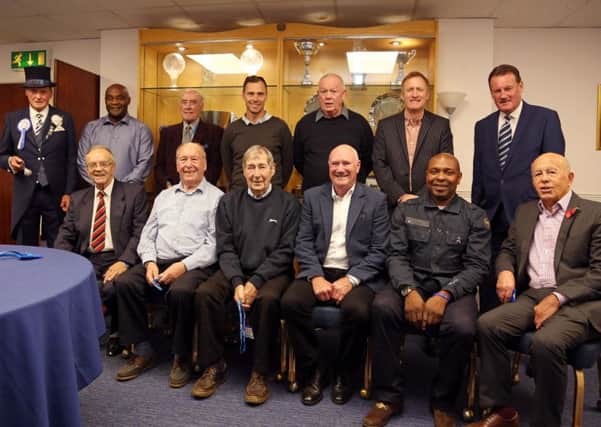 Posh hall of fame members at last night's launch, back row, left to right, Mick Mr Posh Jones, Noel Luke, Jim Walker, Dave Farrell, John Cozens, Tony Adcock, Mick Jones. Front row left to right: Ray Smith, Roy Banham, Peter McNamee, Jeff Lee, Trevor Quow, Peter Deakin