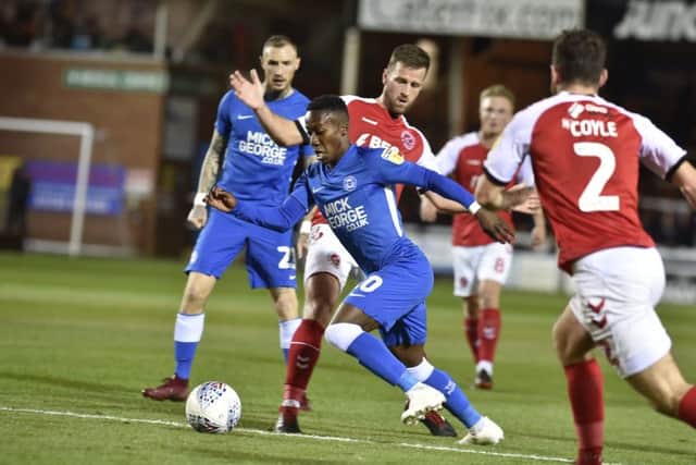 Siriki Dembele on the ball for Posh against Fleetwood. Photo: David Lowndes.